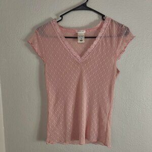 Vintage Y2K 2000s Sheer Pink Lace V-Neck Mesh Cap Sleeve Top Old Navy Medium